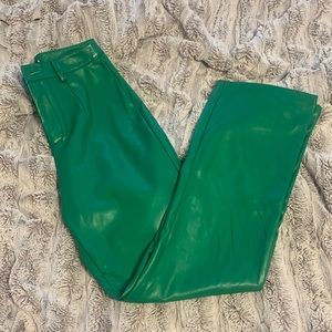 GREEN LEATHER PANTS WITH FLEECE LINING